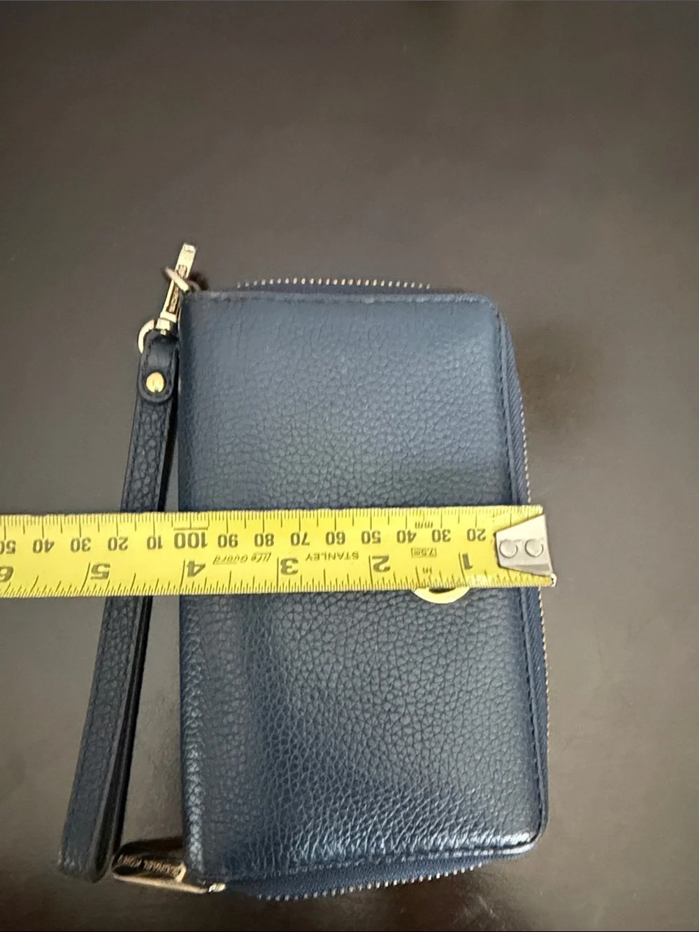 Michael Kors Blue Pebbled Leather Zip Wristlet with Gold MK Logo